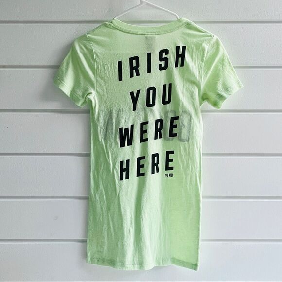 Victoria’s Secret PINK Yellow V-Neck Short Sleeve Boston Irish Sequins Bling Tee - Picture 2 of 5